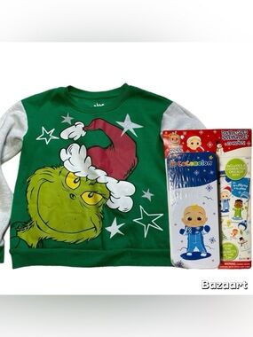 2 pc Sz L Grinch Who Stole Christmas Sweatshirt Dr. Seuss Cocomelon Magnet Dolls